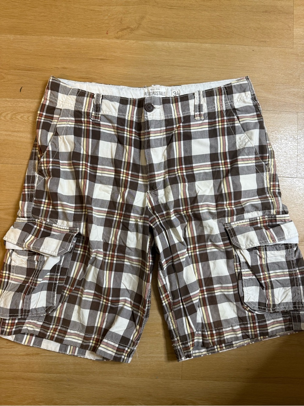 Aeropostale Brown and White Plaid Cargo Shorts - Men's Size 34 Vintage Y2K